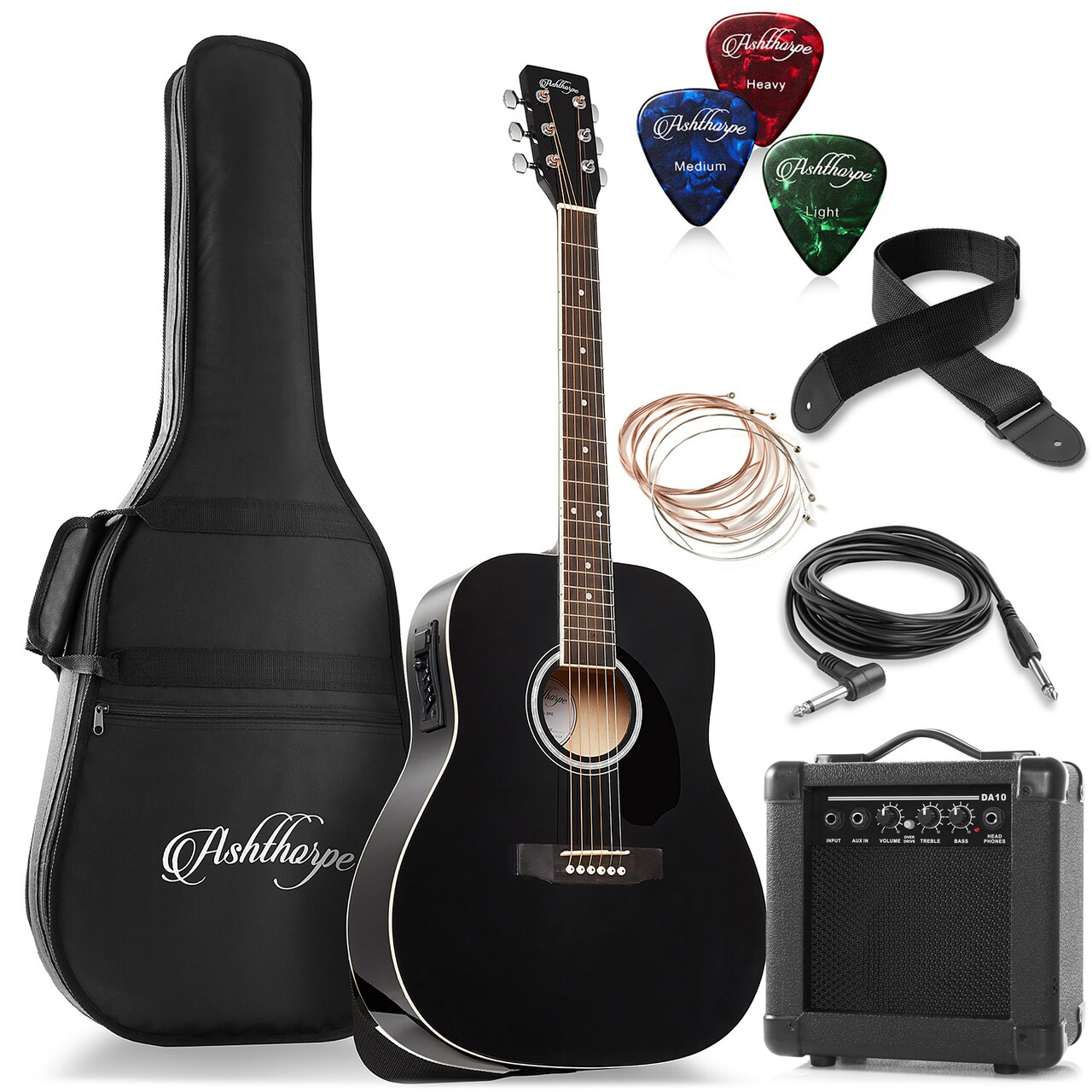 Ashthorpe Full-Size Dreadnought Acoustic Electric Guitar Package with 10 Watt Amp